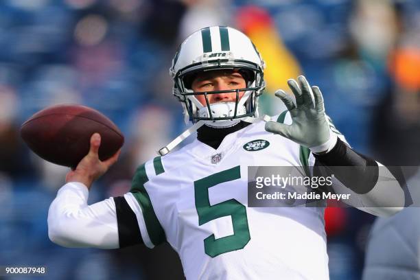 Christian Hackenberg of the New York Jets warms up before the game against the New England Patriots at Gillette Stadium on December 31, 2017 in...