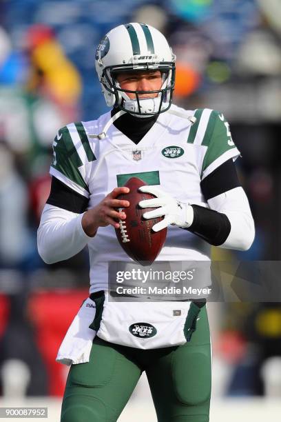 Christian Hackenberg of the New York Jets warms up before the game against the New England Patriots at Gillette Stadium on December 31, 2017 in...