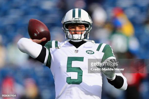 Christian Hackenberg of the New York Jets warms up before the game against the New England Patriots at Gillette Stadium on December 31, 2017 in...