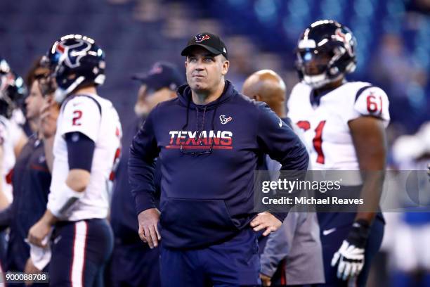 Head coach Bill O'Brien of the Houston Texans looks on prior to the game against the Indianapolis Colts at Lucas Oil Stadium on December 31, 2017 in...