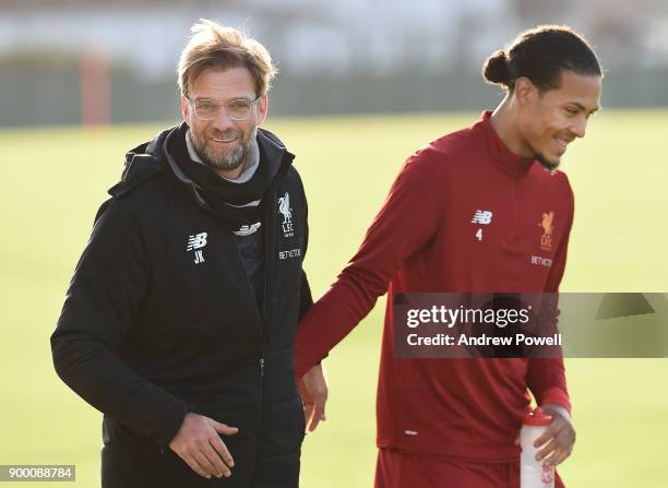 Virgil van Dijk new signing of Liverpool with Jurgen Klopp manager of Liverpool at Melwood Training Ground on December 31, 2017 in Liverpool, England.