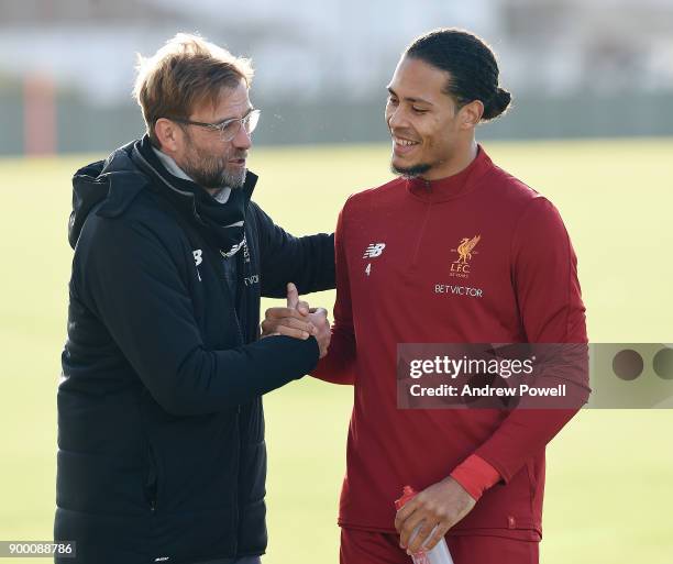 Virgil van Dijk new signing of Liverpool with Jurgen Klopp manager of Liverpool at Melwood Training Ground on December 31, 2017 in Liverpool, England.