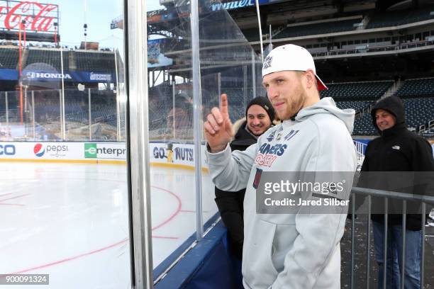 Steven Kampfer of the New York Rangers looks on during practice for the 2018 Bridgestone NHL Winter Classic at Citi Field on December 31, 2017 in...