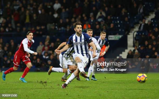 Jay Rodriguez of West Bromwich Albion scores their first goal and equalising goal from the penalty spot during the Premier League match between West...