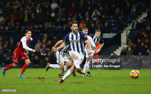 Jay Rodriguez of West Bromwich Albion scores their first goal and equalising goal from the penalty spot during the Premier League match between West...