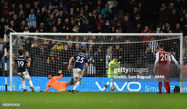 Jay Rodriguez of West Bromwich Albion scores a goal to make it 1-1 from a penalty kick during the Premier League match between West Bromwich Albion...