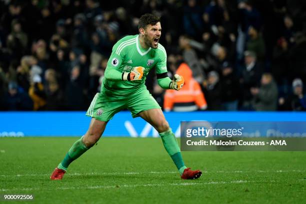 Ben Foster celebrates the equalising goal during the Premier League match between West Bromwich Albion and Arsenal at The Hawthorns on December 31,...
