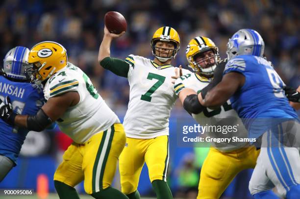 Brett Hundley of the Green Bay Packers looks to pass the ball against the Detroit Lions during the first quarter at Ford Field on December 31, 2017...