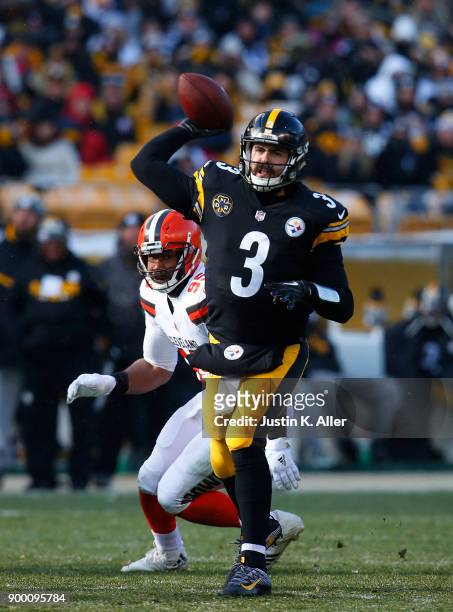 Landry Jones of the Pittsburgh Steelers drops back to pass in the first quarter during the game against the Cleveland Browns at Heinz Field on...