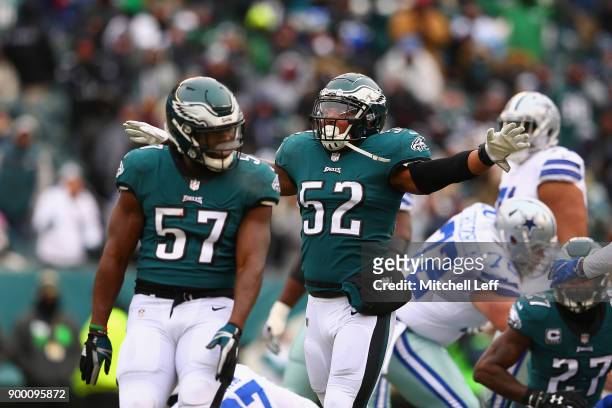 Outside linebacker Najee Goode of the Philadelphia Eagles reacts after stopping running back Ezekiel Elliott of the Dallas Cowboys during the first...