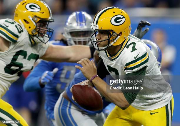 Brett Hundley of the Green Bay Packers runs with the ball against the Detroit Lions during the first quarter at Ford Field on December 31, 2017 in...