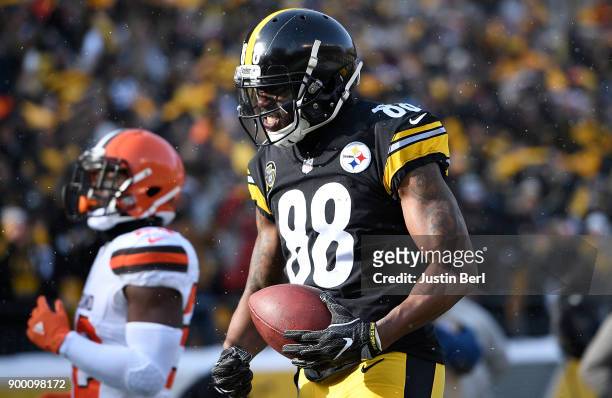 Darrius Heyward-Bey of the Pittsburgh Steelers reacts after a 29 yard touchdown run in the first quarter during the game against the Cleveland Browns...