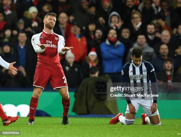 Shkodran Musafi of Arsenal after challenging Hal Robson-Kanu of WBA during the Premier League match between West Bromwich Albion and Arsenal at The...