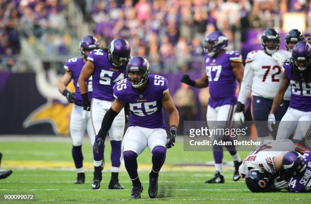 Anthony Barr of the Minnesota Vikings celebrates after tackling Michael Burton of the Chicago Bears for no gain on third down in the first quarter of...