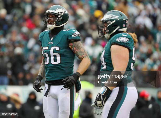 Defensive end Chris Long and defensive tackle Beau Allen of the Philadelphia Eagles react against the Dallas Cowboys during the first half of the...
