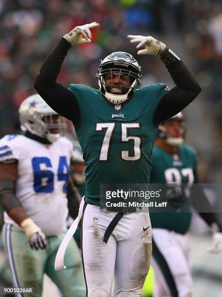 Defensive end Vinny Curry of the Philadelphia Eagles celebrates a holding penalty called against the Dallas Cowboys during the second quarter of the...