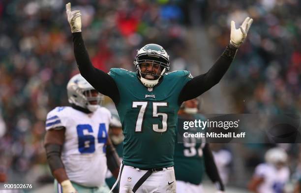 Defensive end Vinny Curry of the Philadelphia Eagles celebrates a holding penalty called against the Dallas Cowboys during the second quarter of the...