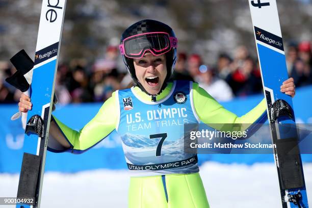 Sarah Hendrickson celebrates after winning the U.S. Womens Ski Jumping Olympic Trials on December 31, 2017 at Utah Olympic Park in Park City, Utah.