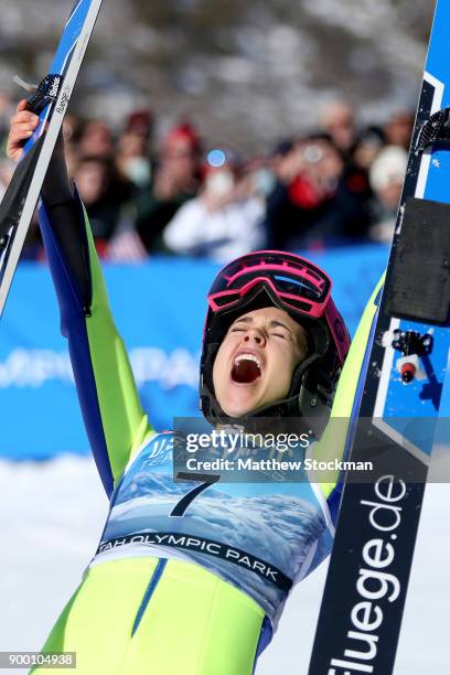 Sarah Hendrickson celebrates after winning the U.S. Womens Ski Jumping Olympic Trials on December 31, 2017 at Utah Olympic Park in Park City, Utah.