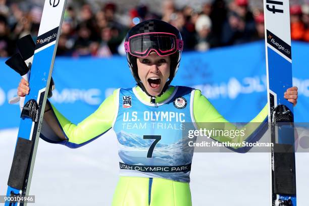 Sarah Hendrickson celebrates after winning the U.S. Womens Ski Jumping Olympic Trials on December 31, 2017 at Utah Olympic Park in Park City, Utah.