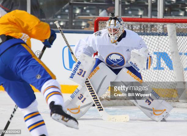 Chad Johnson of the Buffalo Sabres tends goal at Practice Day for the 2018 Bridgestone NHL Winter Classic at Citi Field on December 31, 2017 in New...