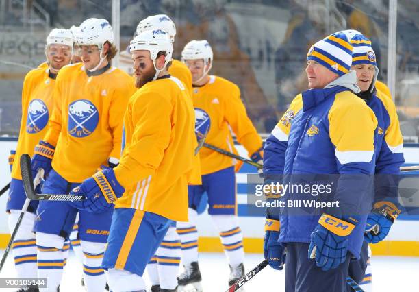 Head coach Phil Housley watches drills at Practice Day for the 2018 Bridgestone NHL Winter Classic at Citi Field on December 31, 2017 in New York,...