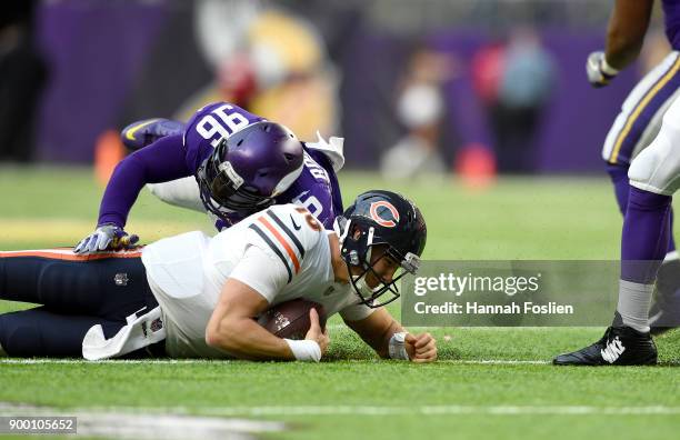 Brian Robison of the Minnesota Vikings sacks quarterback Mitchell Trubisky of the Chicago Bears in the third quarter of the game on December 31, 2017...