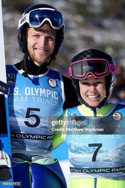 Michael Glasder and Sarah Hendrickson pose for photographers after the U.S. Men's and Womens Ski Jumping Olympic Trials on December 31, 2017 at Utah...