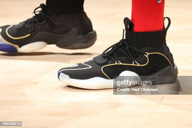 The sneakers of John Wall of the Washington Wizards are seen before the game against the Chicago Bulls on December 31, 2017 at Capital One Arena in...