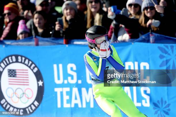 Sarah Hendrickson reacts after her final jump during the U.S. Womens Ski Jumping Olympic Trials on December 31, 2017 at Utah Olympic Park in Park...