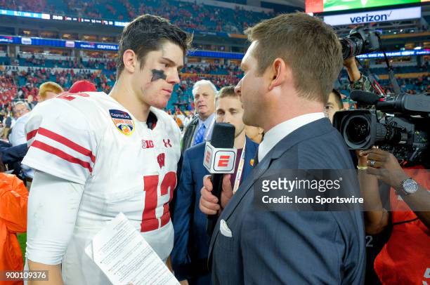 University of Wisconsin Badgers quarter back Alex Hornibrook speaks with reporters as the Badgers defeated the University of Miami Hurricanes 34 - 24...