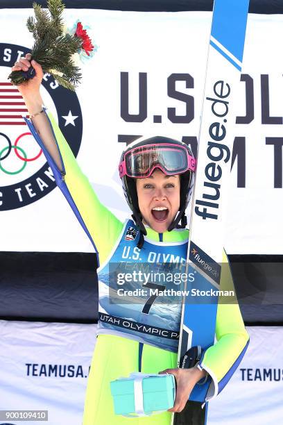 Sarah Hendrickson celebrates on the medals podium after winning the U.S. Womens Ski Jumping Olympic Trials on December 31, 2017 at Utah Olympic Park...