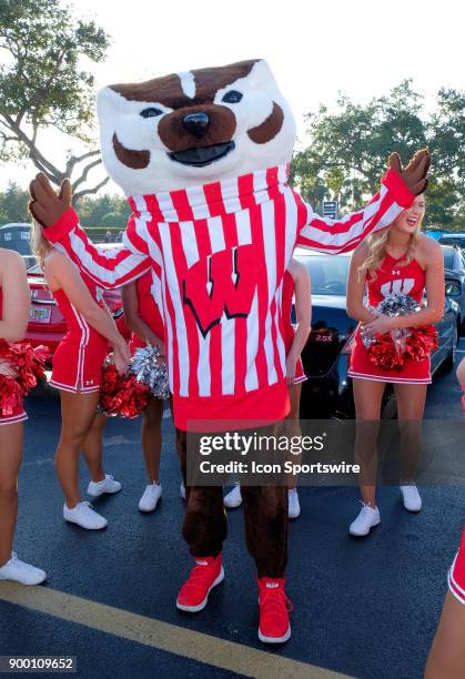 University of Wisconsin Badgers mascot Bucky Badger cheers as the Badgers compete against the University of Miami Hurricanes during the Capital One...