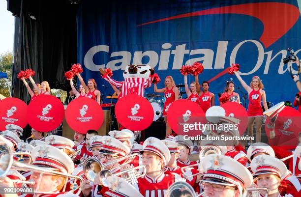 University of Wisconsin Badgers mascot Bucky Badger cheers as the Badgers compete against the University of Miami Hurricanes during the Capital One...