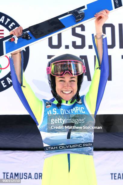Sarah Hendrickson celebrates on the medals podium after winning the U.S. Womens Ski Jumping Olympic Trials on December 31, 2017 at Utah Olympic Park...