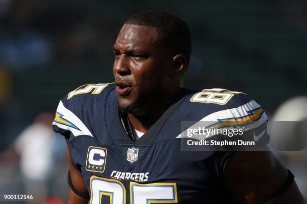 Antonio Gates of the Los Angeles Chargers is seen running onto the field prior to the game against the Oakland Raiders at StubHub Center on December...