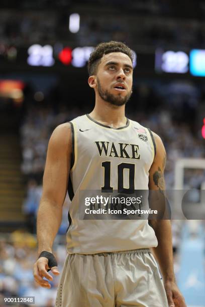 Wake Forest Demon Deacons guard Mitchell Wilbekin in action during the game at the Dean Smith Center on December 30, 2017 in Chapel Hill, NC. The...
