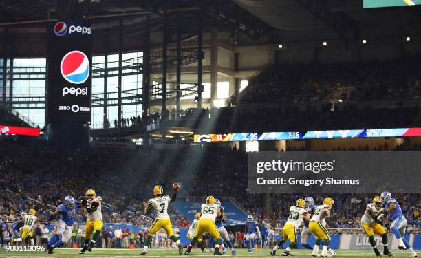 Quarterback Brett Hundley of the Green Bay Packers throws a pass against the Detroit Lions during the second half at Ford Field on December 31, 2017...