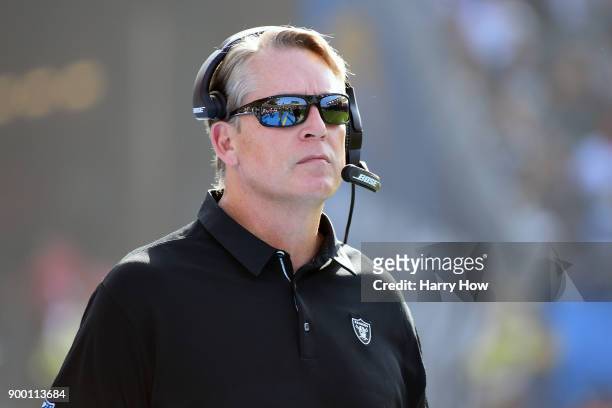 Head Coach Jack Del Rio of the Oakland Raiders looks on during the first quarter of the game against the Los Angeles Chargers at StubHub Center on...