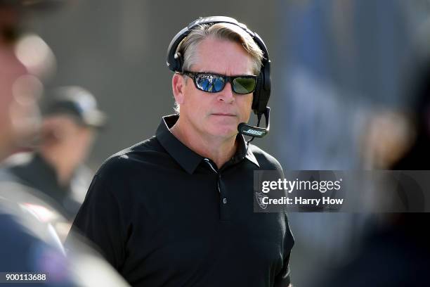 Head Coach Jack Del Rio of the Oakland Raiders looks on during the first quarter of the game against the Los Angeles Chargers at StubHub Center on...