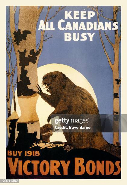 Beaver chews into a tree by moonlight on this WWI poster encouraging the purchase of 1918 war bonds to support Canadian troops.