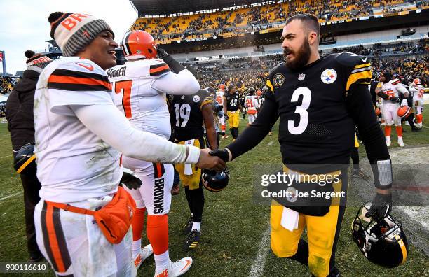 DeShone Kizer of the Cleveland Browns shakes hands with Landry Jones of the Pittsburgh Steelers at the conclusion of the Pittsburgh Steelers 28-24...