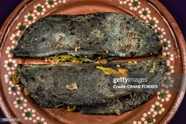 Pumpkin flower quesadillas made with blue corn, water, pumpkin flowers, oil and green sauce are served at the Gastronomic Forum in Mexico City on...