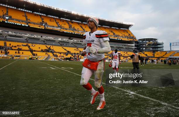 DeShone Kizer of the Cleveland Browns walks off the field at the conclusion of the Pittsburgh Steelers 28-24 win over the Cleveland Browns at Heinz...