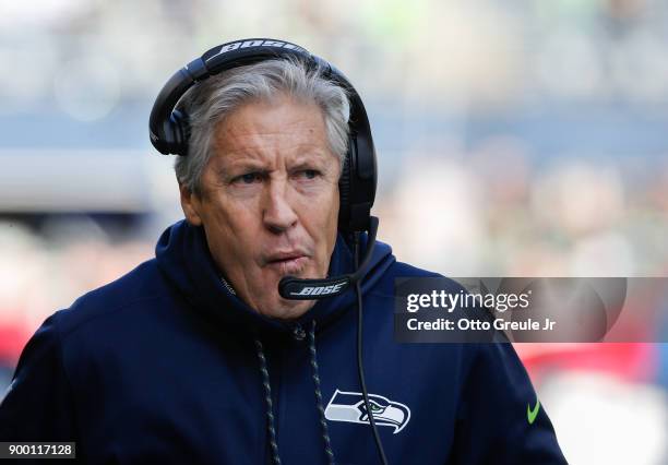 Seattle Seahawks head coach Pete Carroll walks the sidelines before the game against the Arizona Cardinals at CenturyLink Field on December 31, 2017...