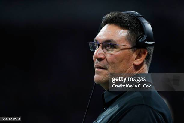 Head coach Ron Rivera of the Carolina Panthers looks on during the first half against the Atlanta Falcons at Mercedes-Benz Stadium on December 31,...