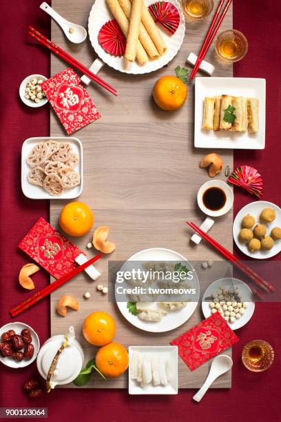 flat lay chinese new year food and drink still life. - lunar new year cup 2017 stock-fotos und bilder