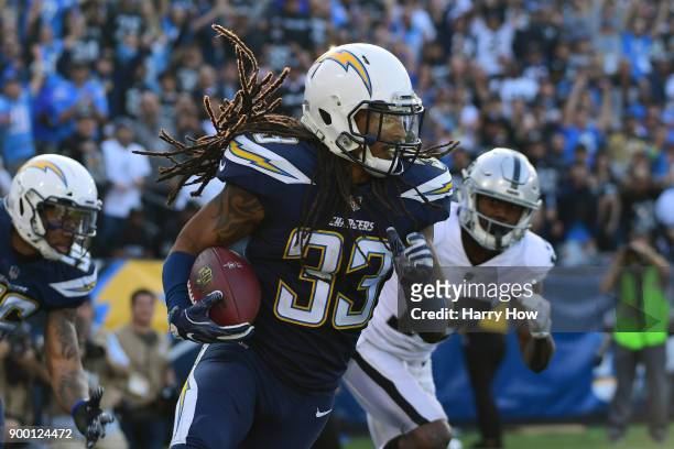 Tre Boston of the Los Angeles Chargers runs down field during the of the game against the Oakland Raiders at StubHub Center on December 31, 2017 in...