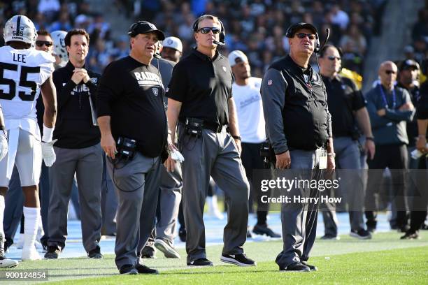Head Coach Jack Del Rio of the Oakland Raiders looks on during the game against the Los Angeles Chargers at StubHub Center on December 31, 2017 in...