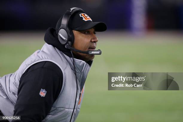 Head coach Marvin Lewis of the Cincinnati Bengals looks on in the second quarter against the Baltimore Ravens at M&T Bank Stadium on December 31,...